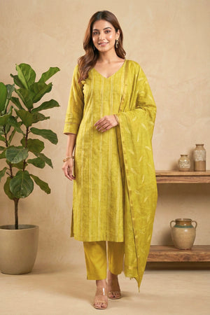 Luminous Golden Lime Striped Chanderi Unstitched Suit Set