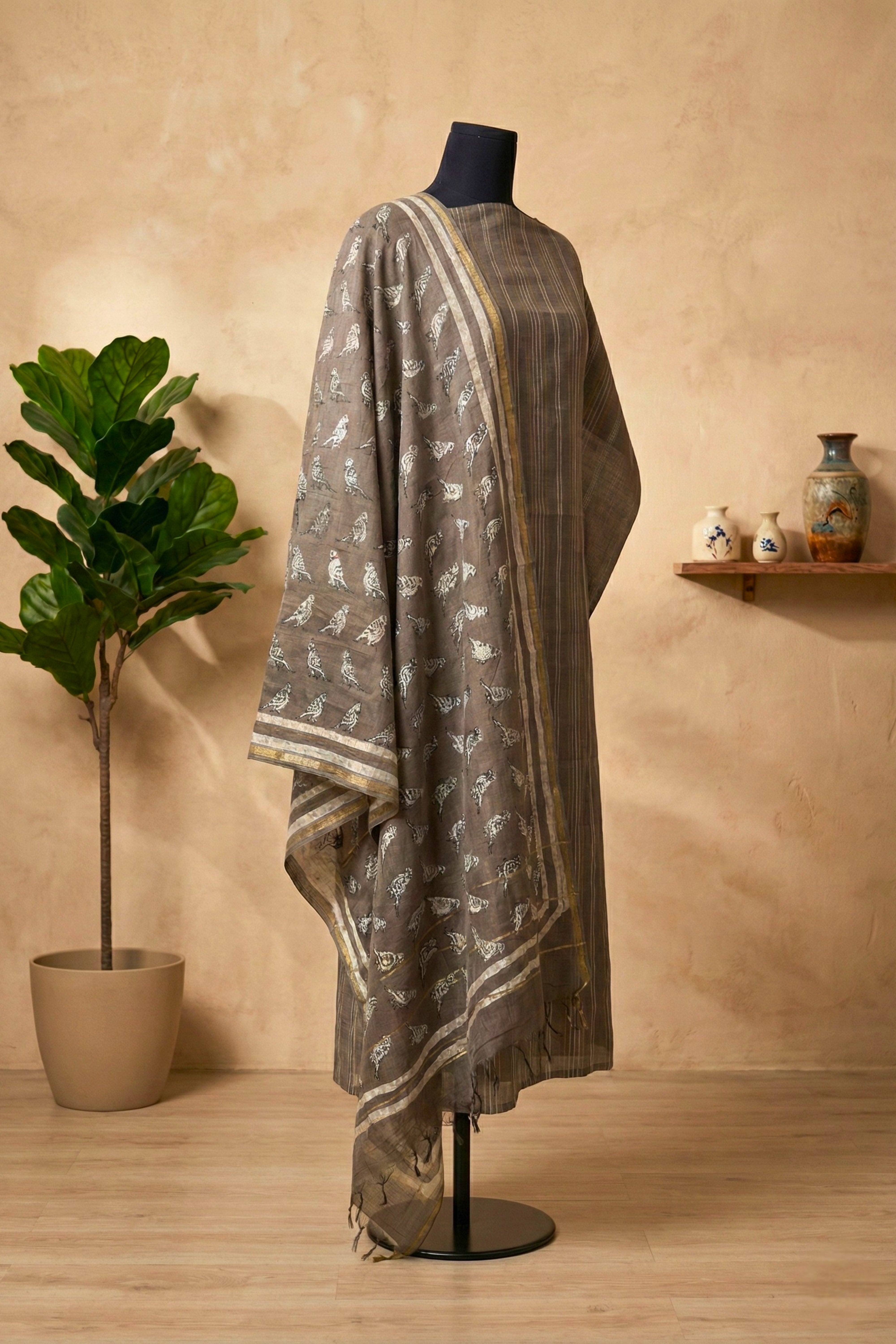 Earthy Taupe Woven Bird Motif Chanderi Unstitched Suit Set
