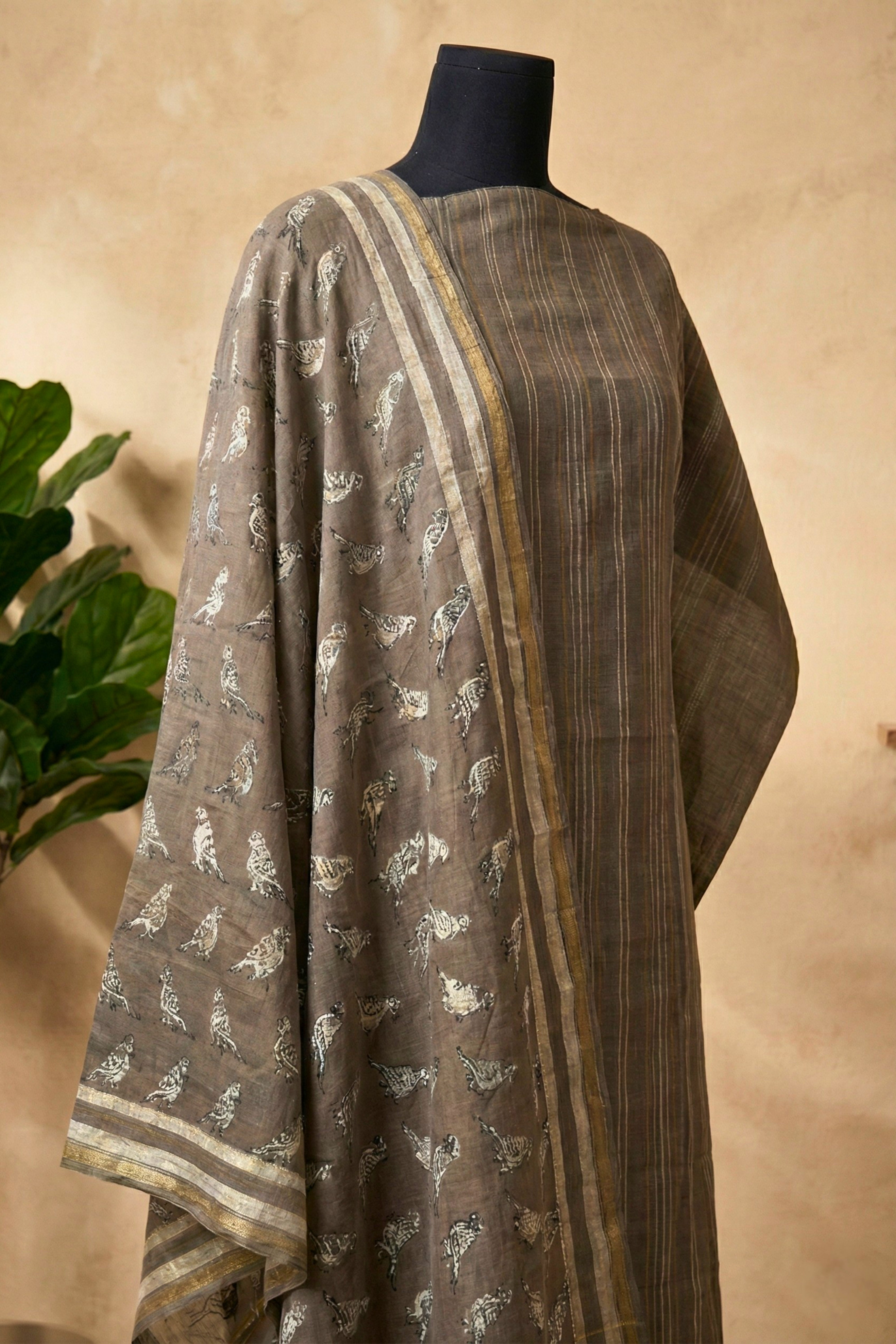 Earthy Taupe Woven Bird Motif Chanderi Unstitched Suit Set