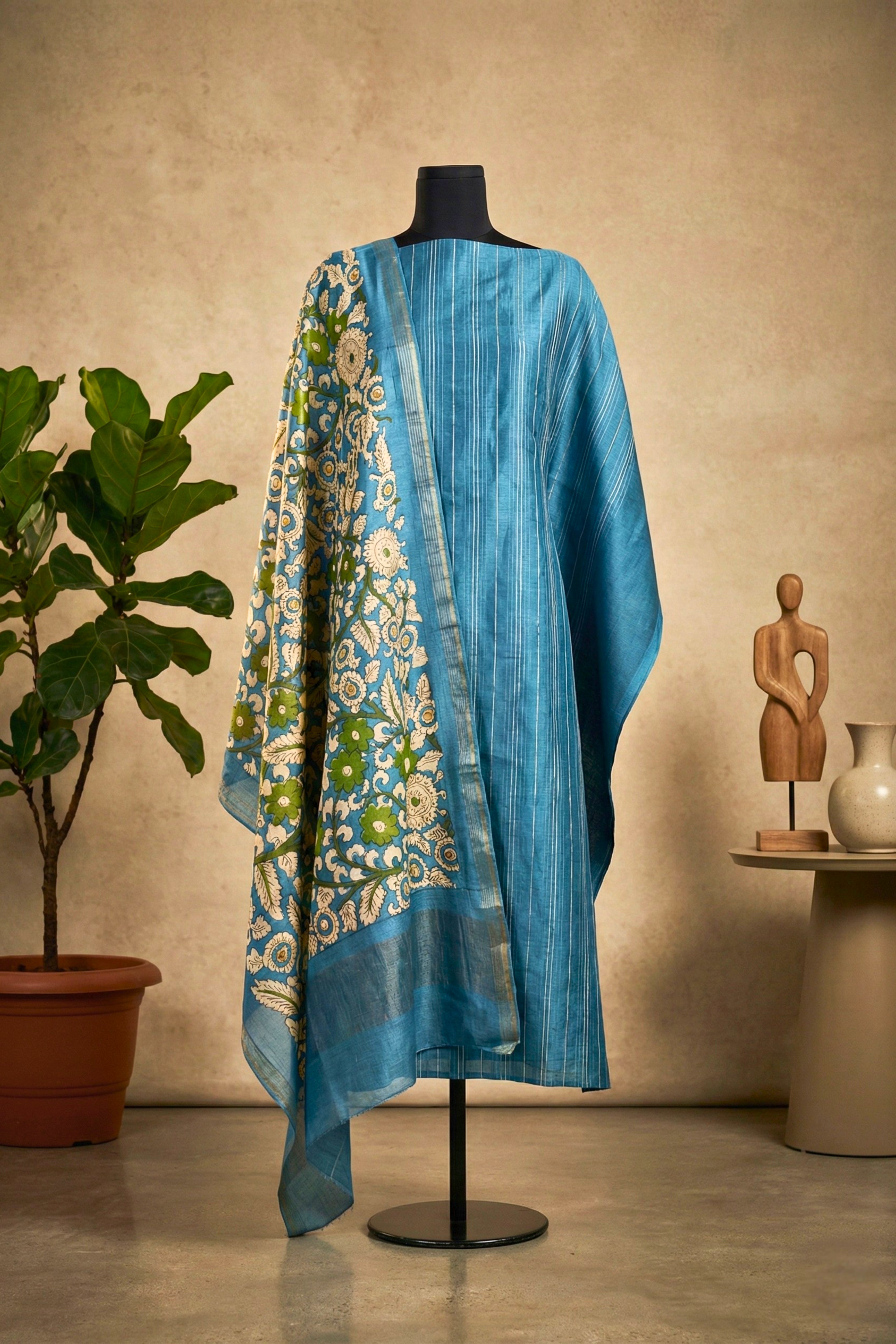 Serene Azure Blue Striped & Floral Chanderi Unstitched Suit Set