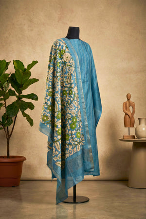 Serene Azure Blue Striped & Floral Chanderi Unstitched Suit Set