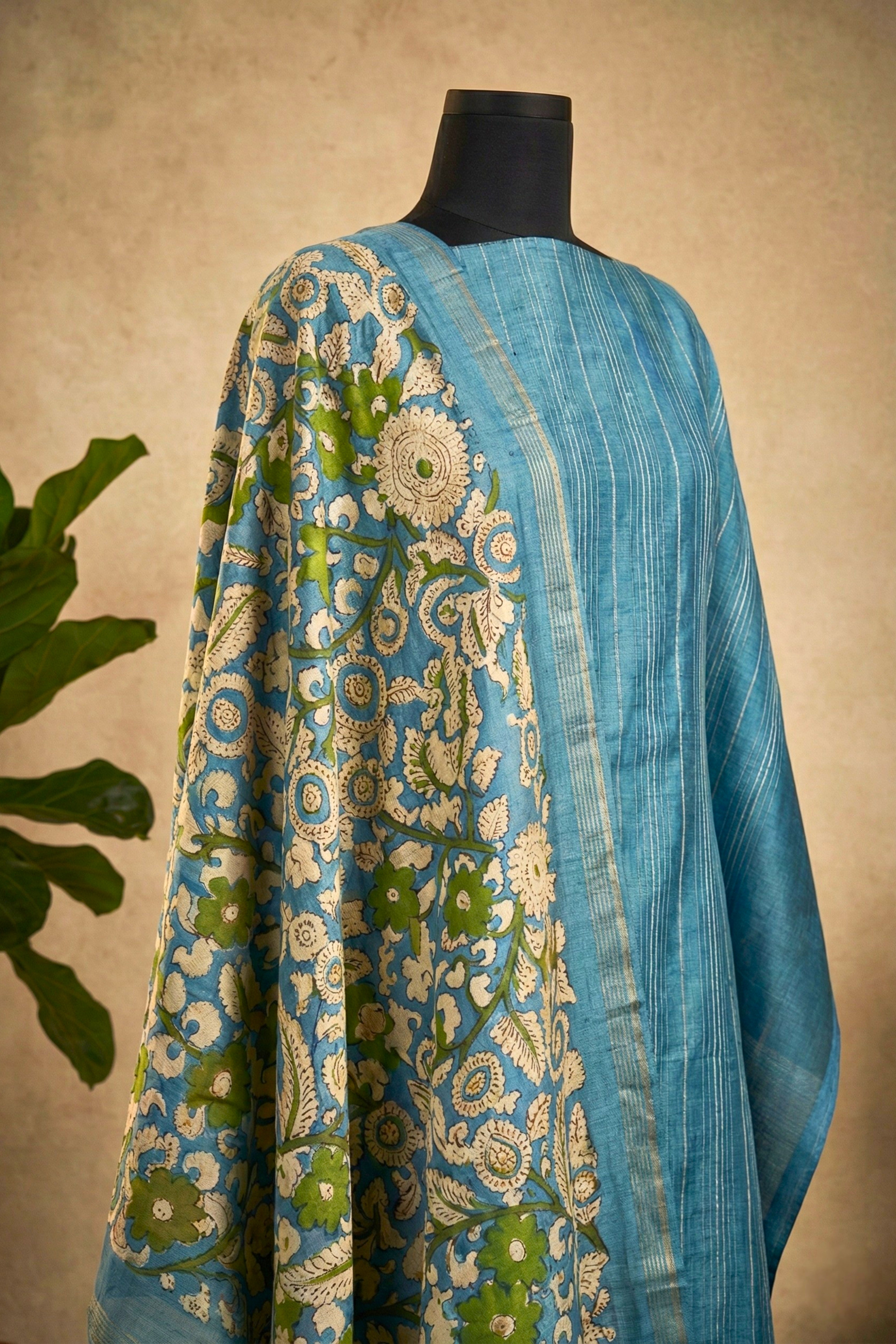 Serene Azure Blue Striped & Floral Chanderi Unstitched Suit Set