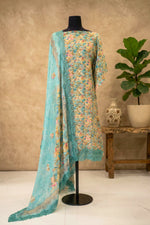 Refreshing Aqua Floral Lace-Detailed Premium Crepe Unstitched Suit Set