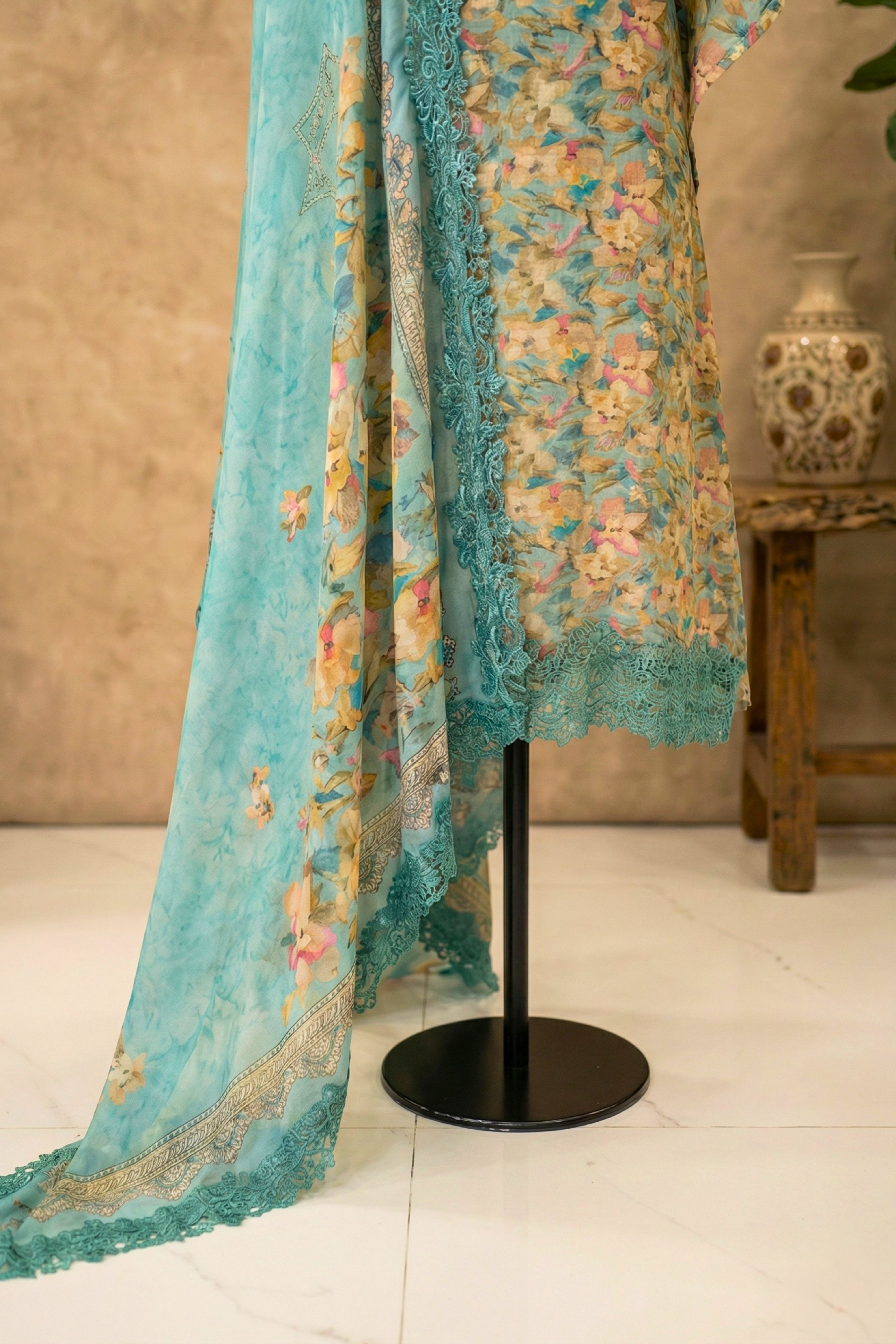 Refreshing Aqua Floral Lace-Detailed Premium Crepe Unstitched Suit Set