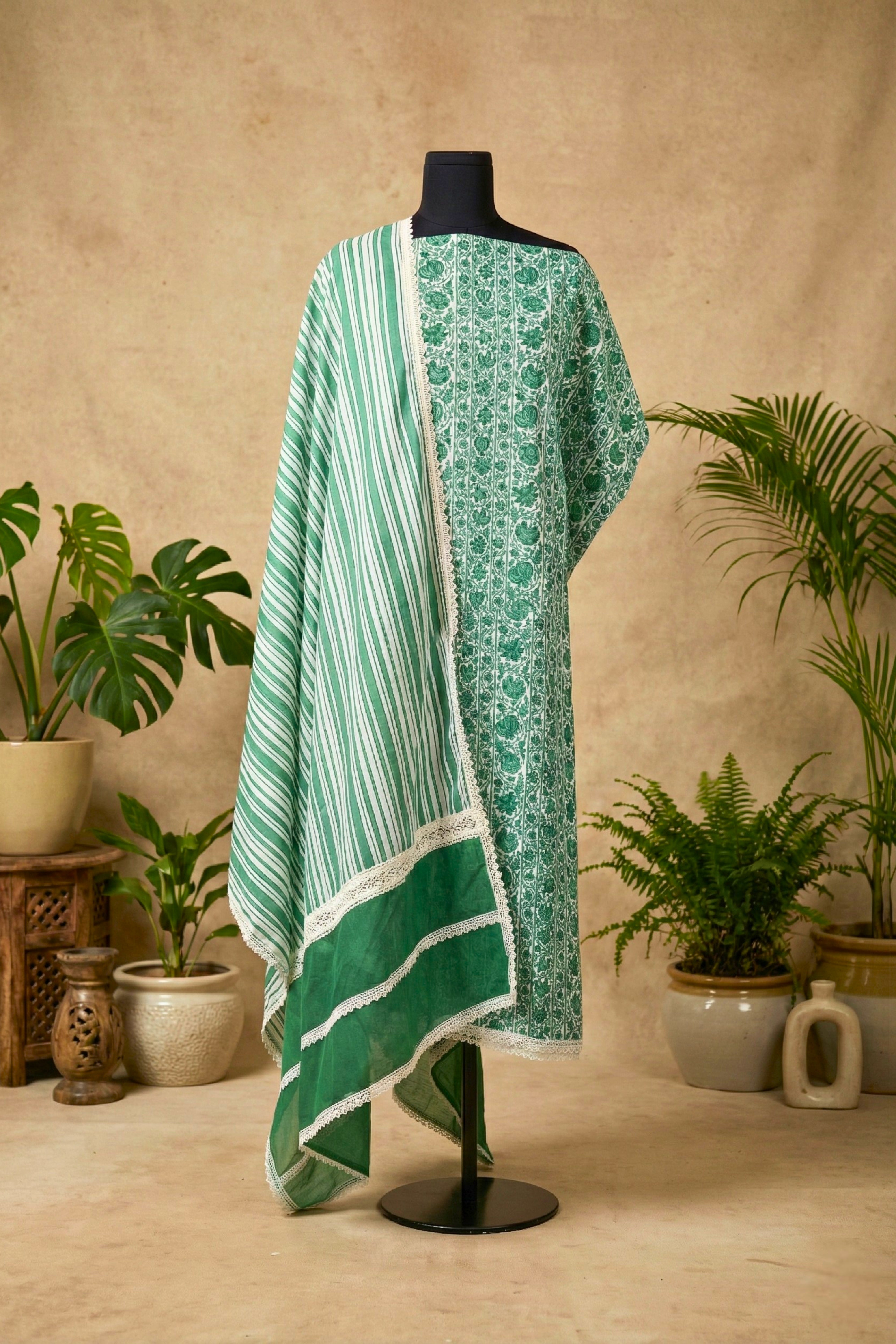Fresh Emerald Floral & Striped Pure Cotton Unstitched Suit Set