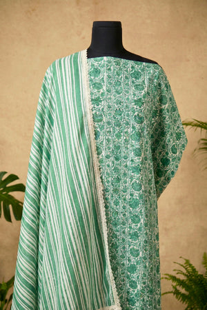 Fresh Emerald Floral & Striped Pure Cotton Unstitched Suit Set