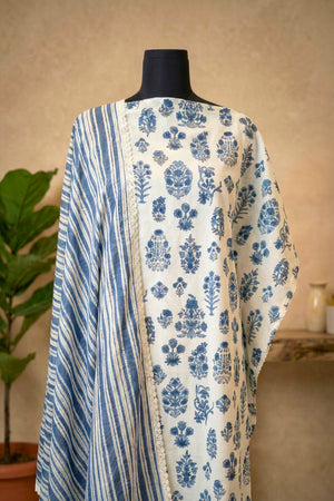 Classic Indigo & White Floral Pure Cotton Unstitched Suit Set