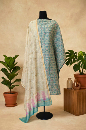 Dusty Aqua Geometric & Shimmering Ivory Chanderi Unstitched Suit Set