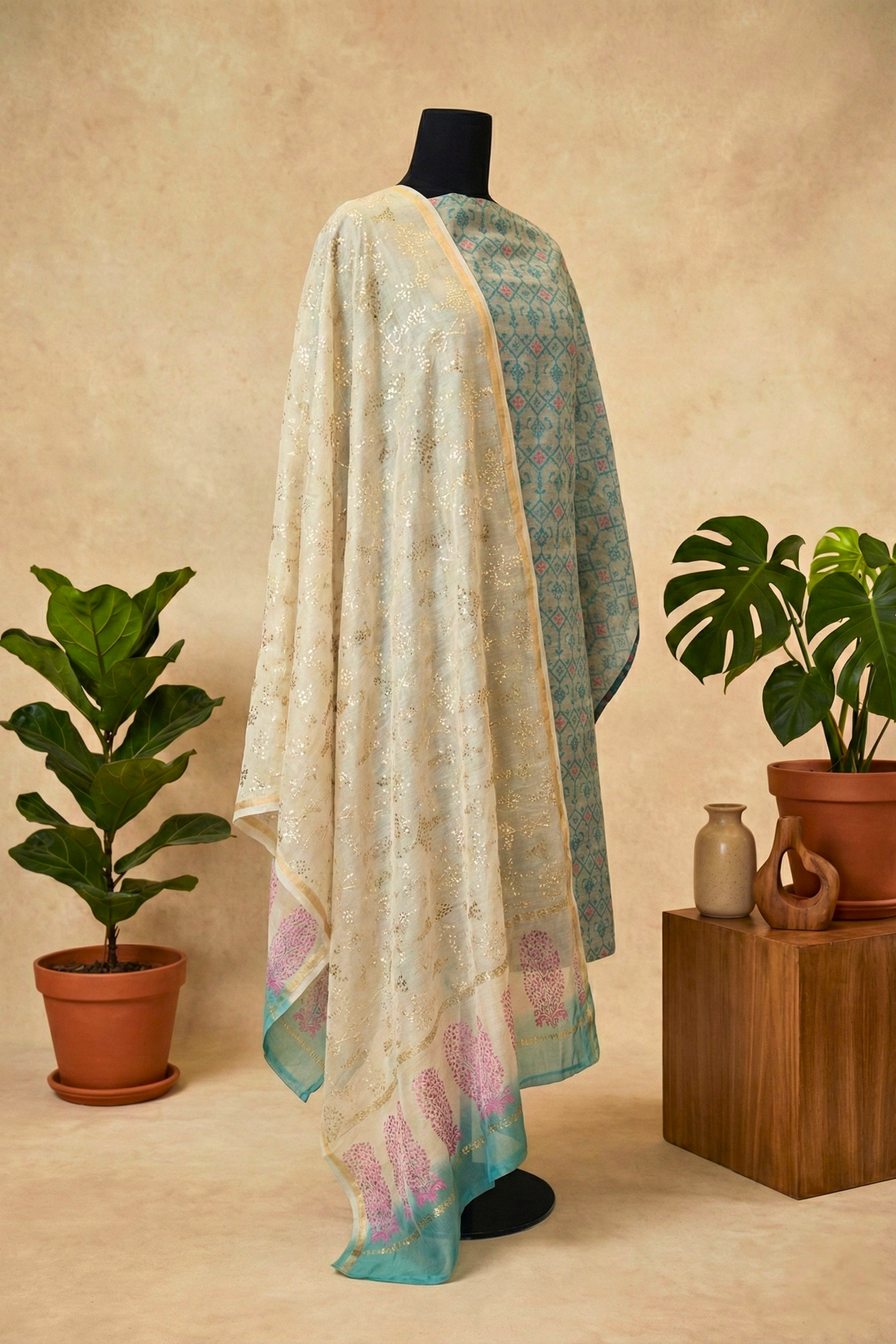 Dusty Aqua Geometric & Shimmering Ivory Chanderi Unstitched Suit Set