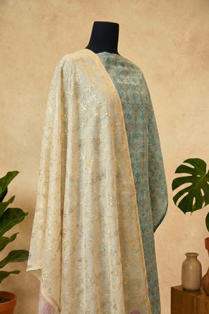 Dusty Aqua Geometric & Shimmering Ivory Chanderi Unstitched Suit Set