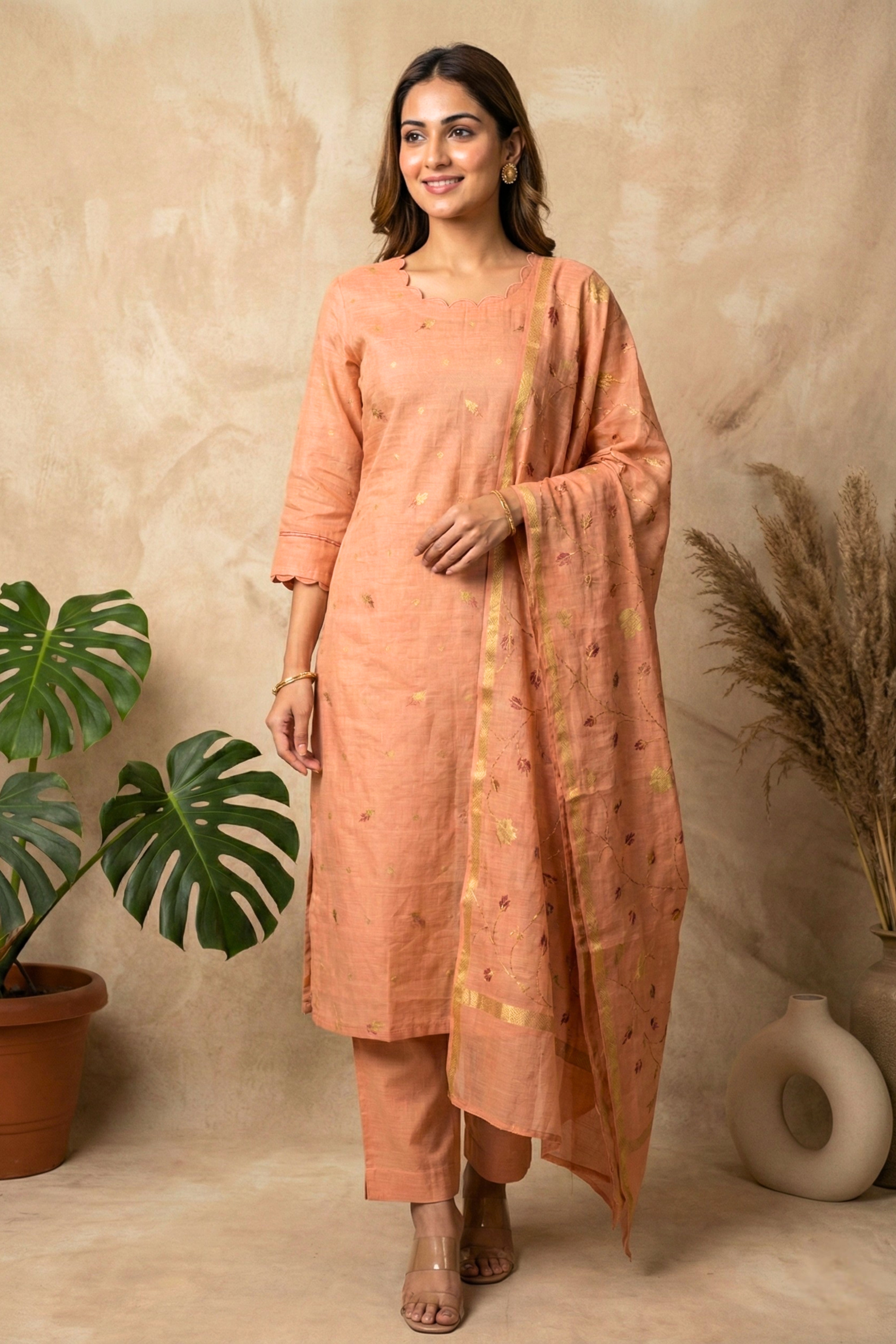 Radiant Peach Zari Floral Chanderi Unstitched Suit Set