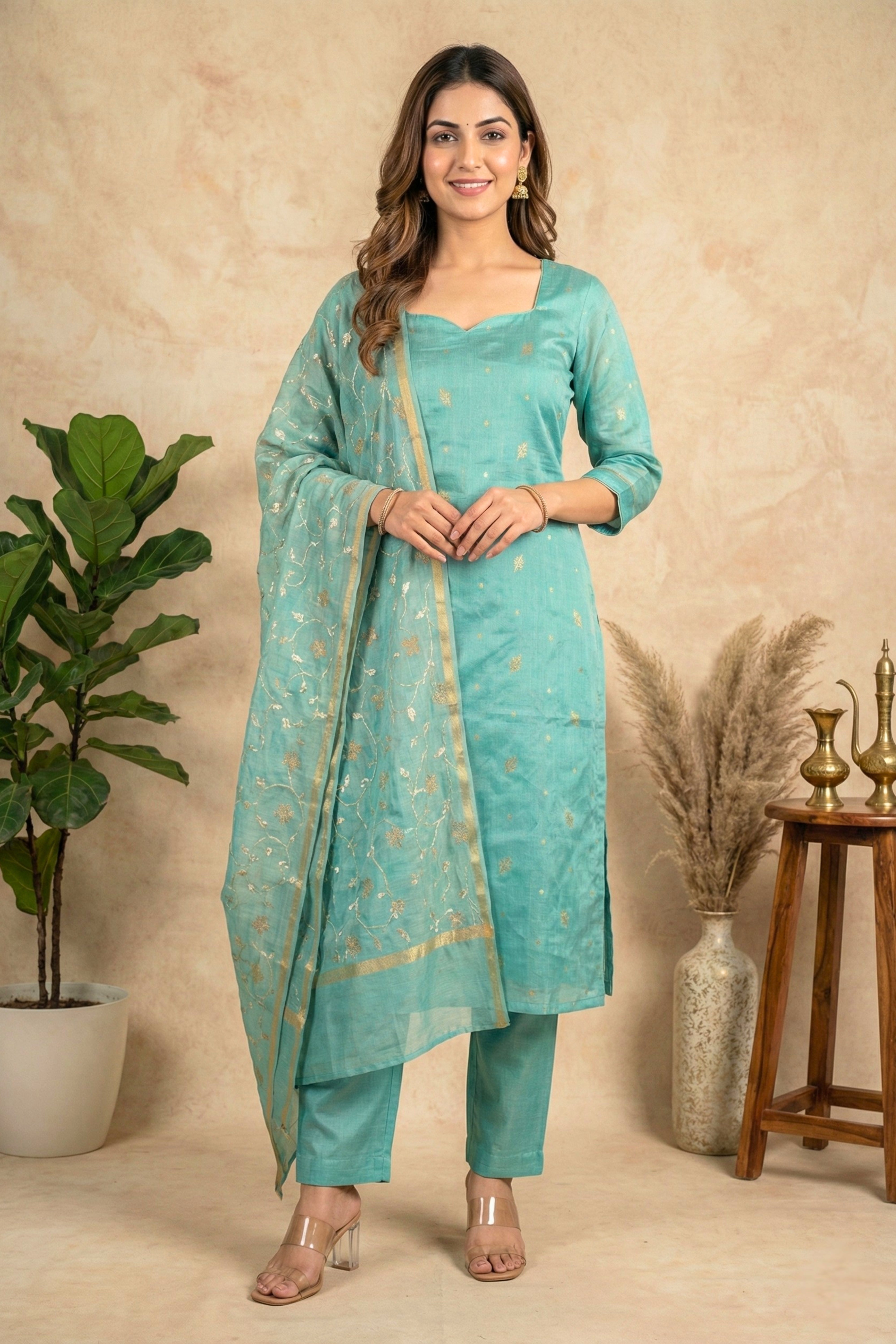 Luminous Turquoise Zari Floral Chanderi Unstitched Suit Set