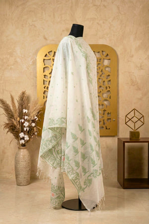 Pristine Ivory & Sage Green Woven Chanderi Unstitched Suit Set