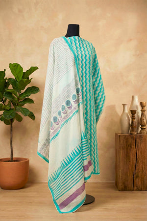 Fresh Aqua Chevron & Floral Pure Cotton Unstitched Suit Set