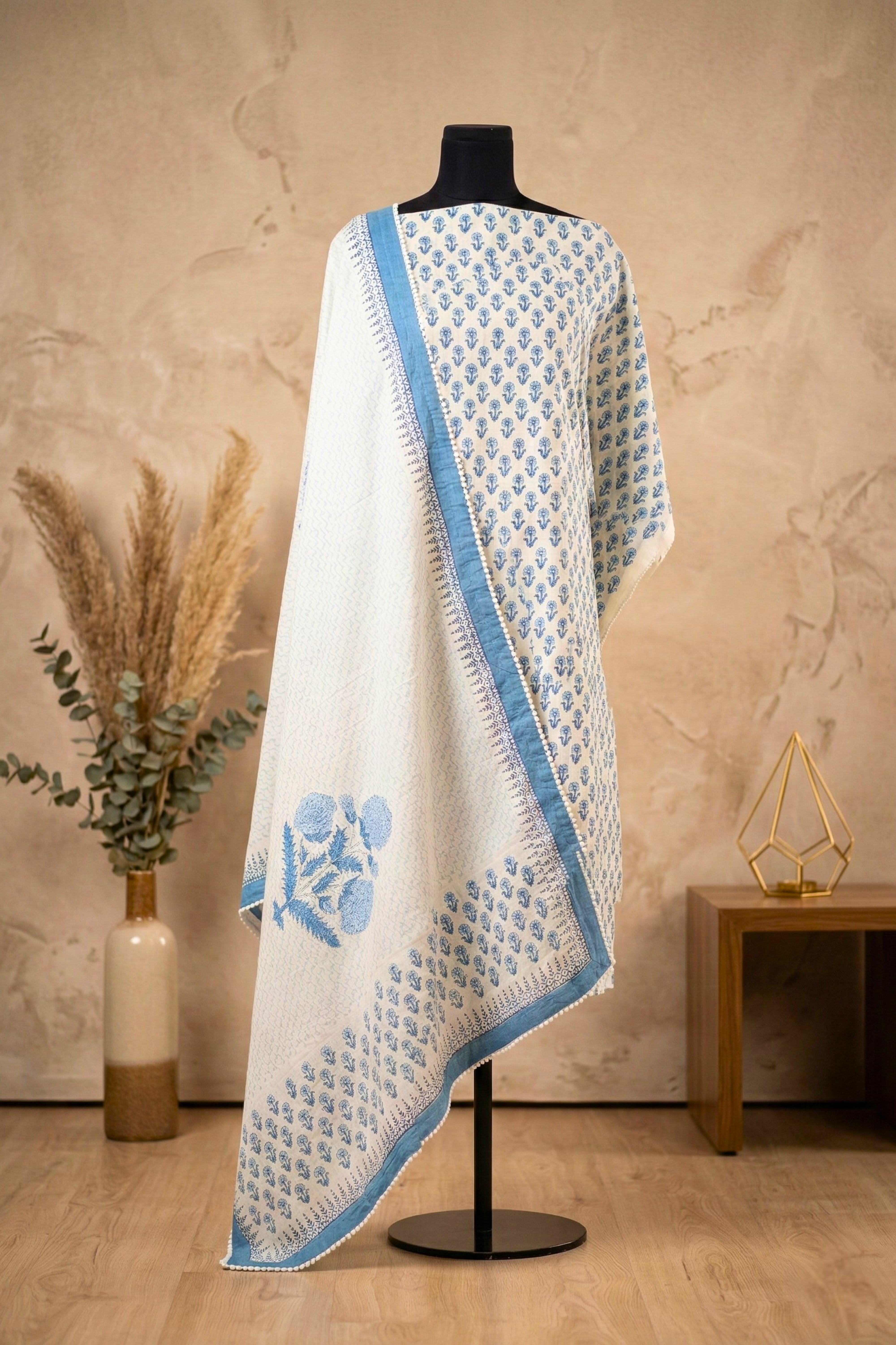 Classic Serenity Blue & White Block-Print Pure Cotton Unstitched Suit Set