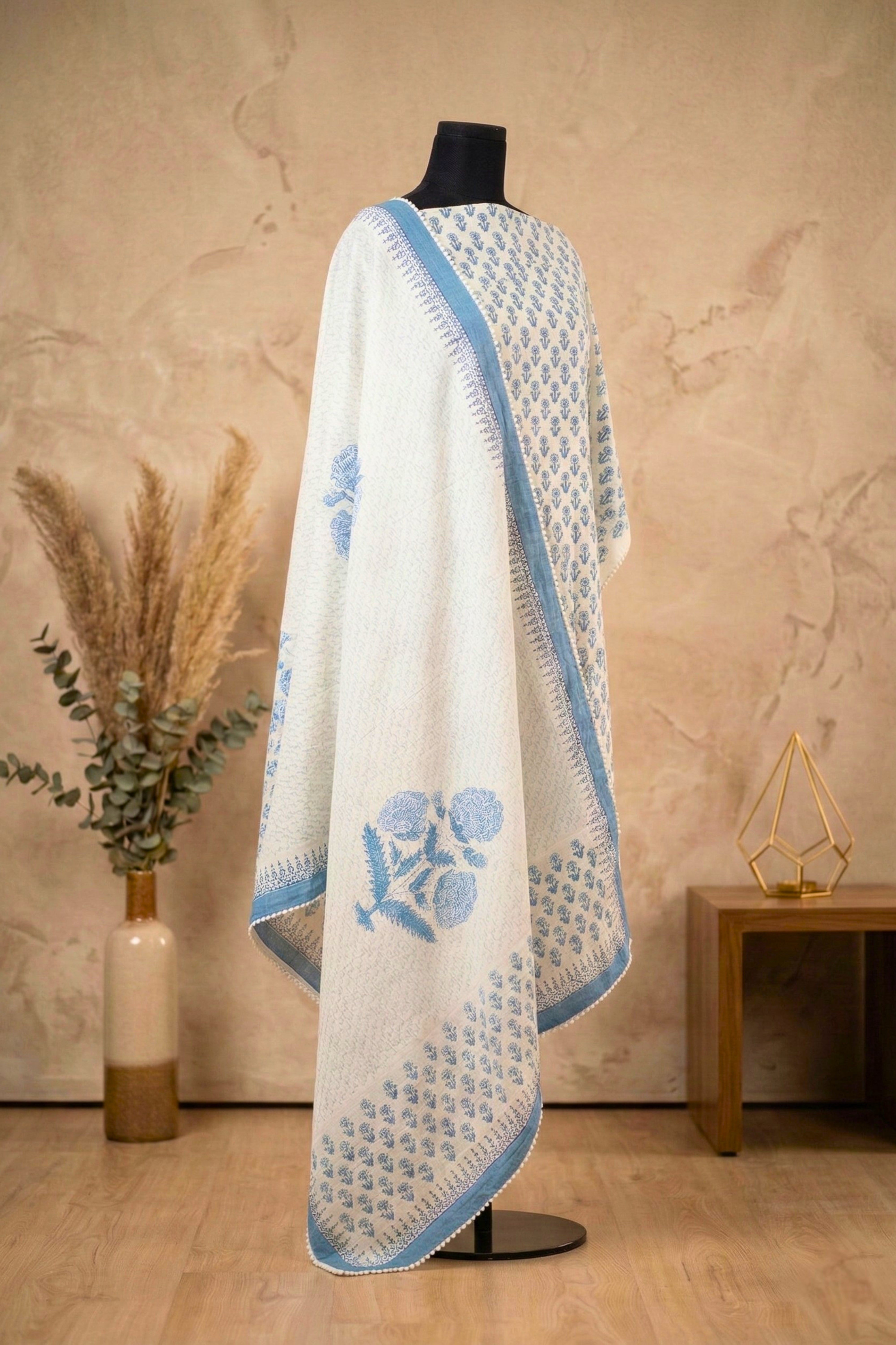 Classic Serenity Blue & White Block-Print Pure Cotton Unstitched Suit Set