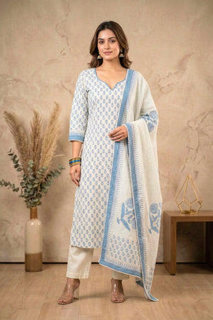 Classic Serenity Blue & White Block-Print Pure Cotton Unstitched Suit Set
