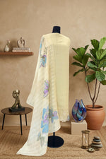 Off-White Linen Unstitched Suit Set with Printed Dupatta by Label Tamanna
