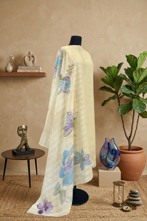 Off-White Linen Unstitched Suit Set with Printed Dupatta by Label Tamanna
