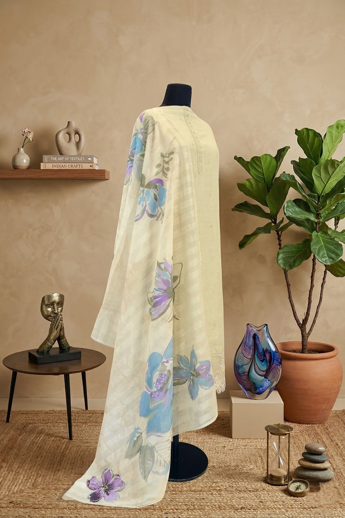 Off-White Linen Unstitched Suit Set with Printed Dupatta by Label Tamanna