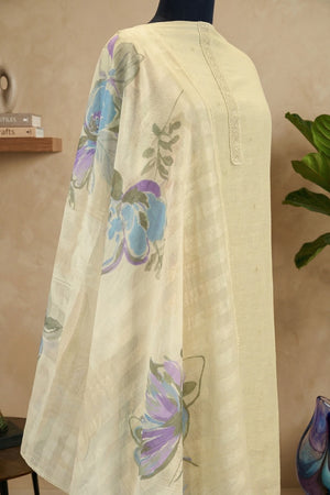 Off-White Linen Unstitched Suit Set with Printed Dupatta by Label Tamanna