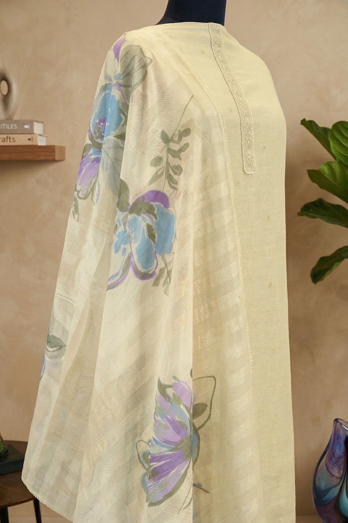 Off-White Linen Unstitched Suit Set with Printed Dupatta by Label Tamanna