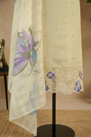 Off-White Linen Unstitched Suit Set with Printed Dupatta by Label Tamanna