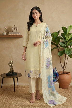 Off-White Linen Unstitched Suit Set with Printed Dupatta by Label Tamanna