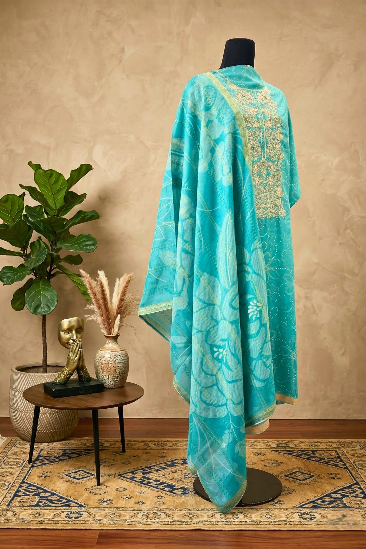 Blue Muslin Resham Threadwork Unstitched Suit Set