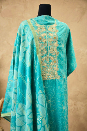 Blue Muslin Resham Threadwork Unstitched Suit Set