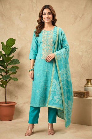 Blue Muslin Resham Threadwork Unstitched Suit Set