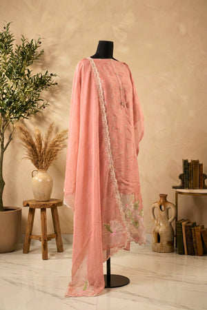 Dusty Rose Floral Cutwork Organza Unstitched Suit Set