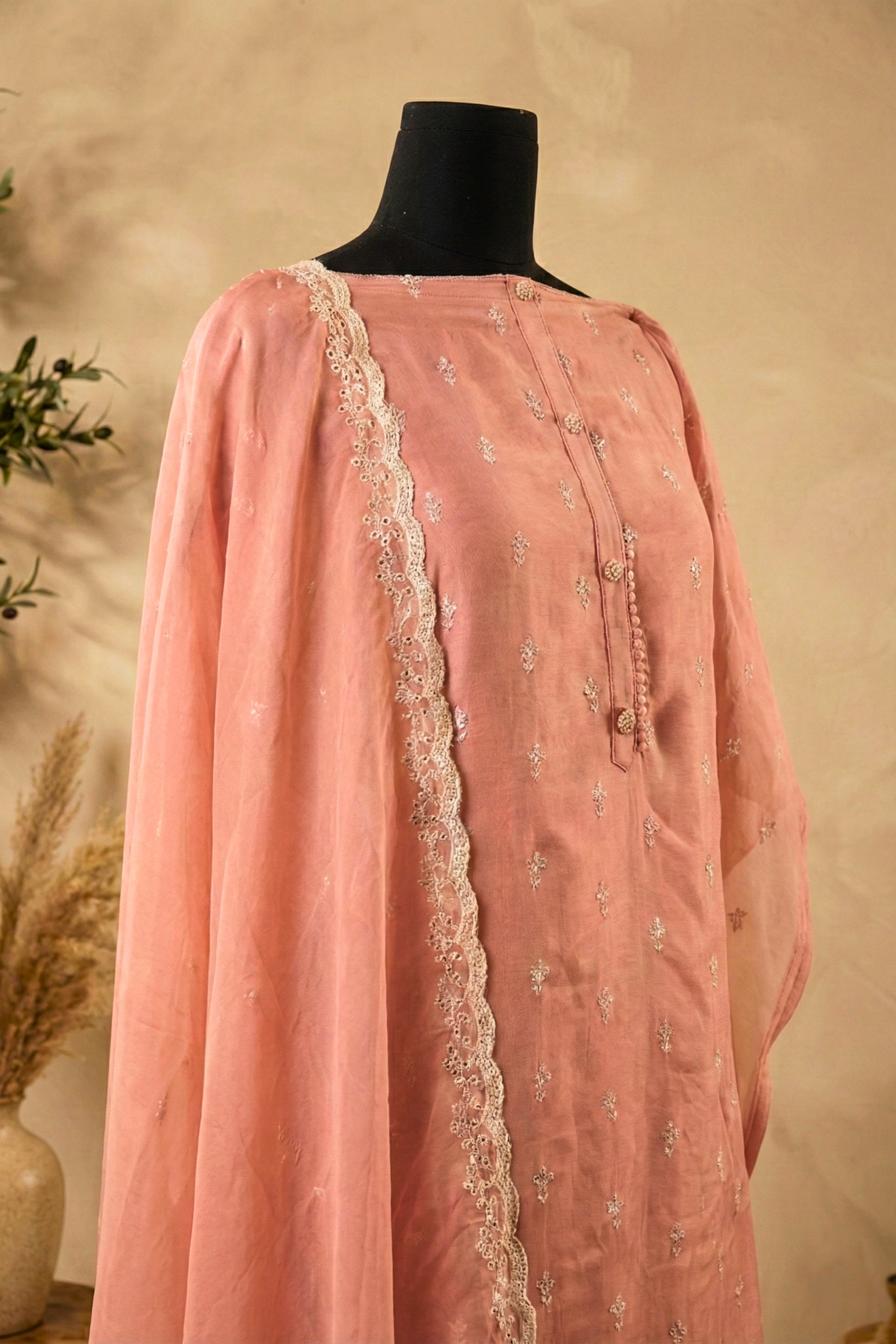 Dusty Rose Floral Cutwork Organza Unstitched Suit Set