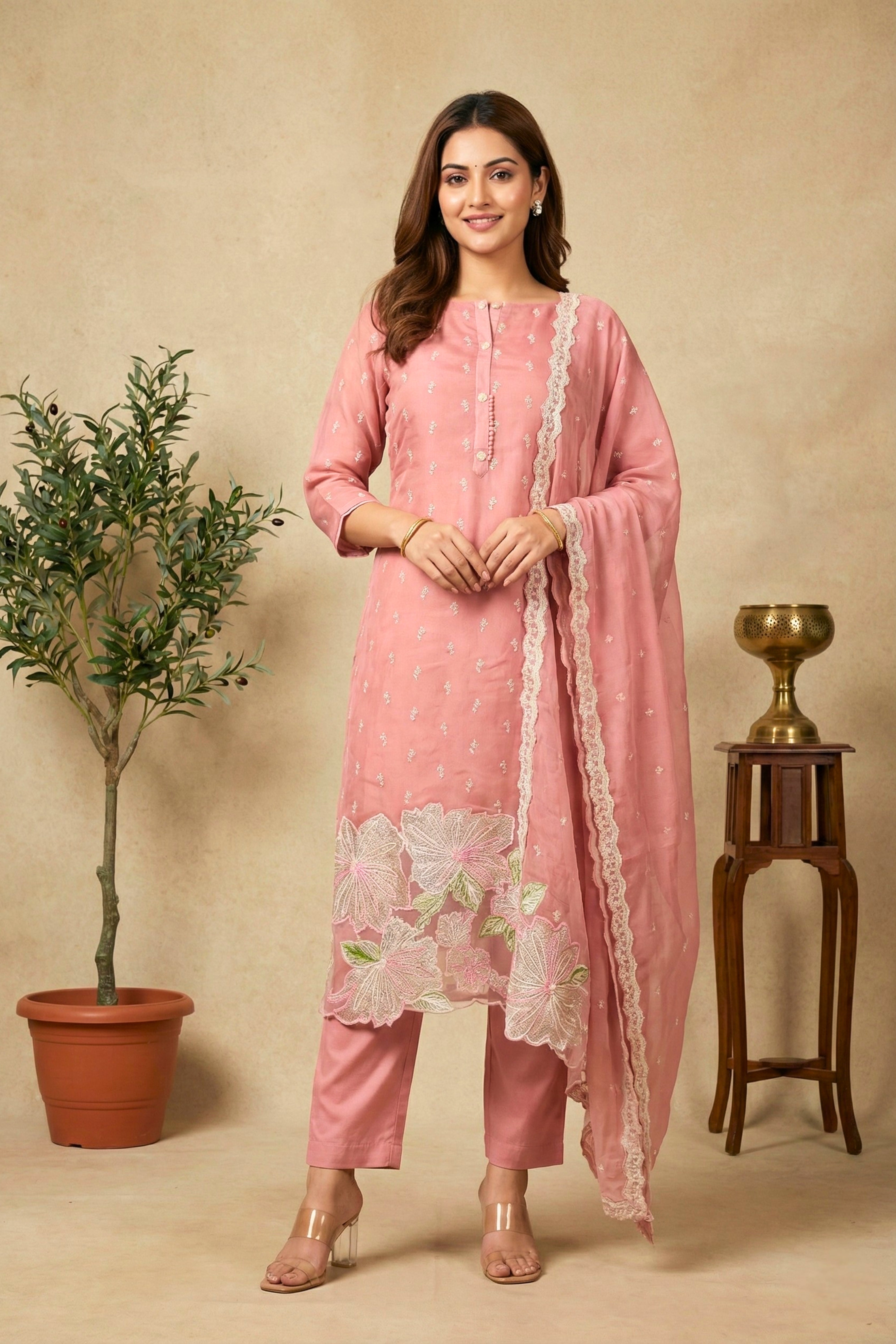 Dusty Rose Floral Cutwork Organza Unstitched Suit Set