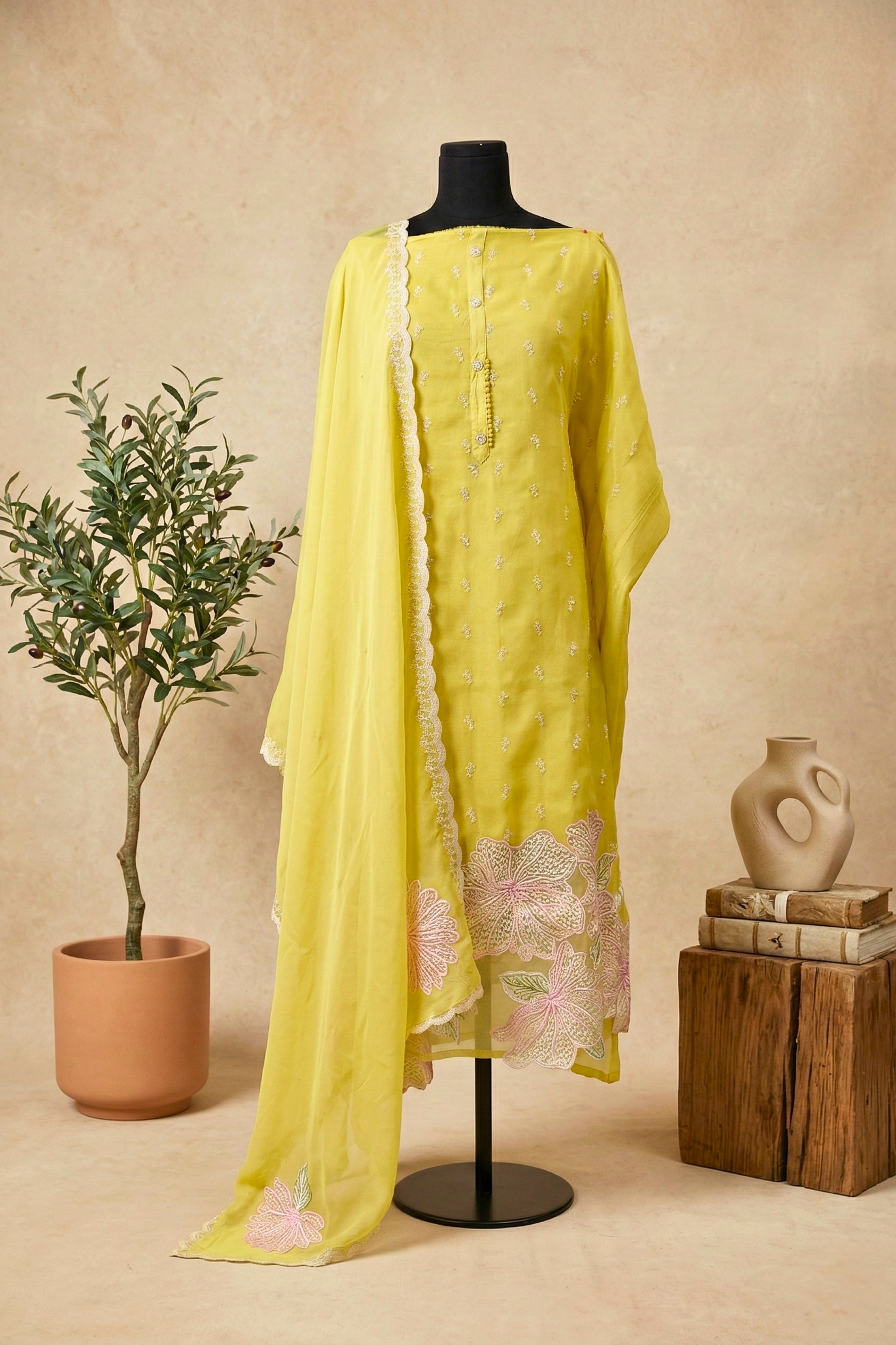 Luminous Lemon Yellow Floral Cutwork Organza Unstitched Suit Set
