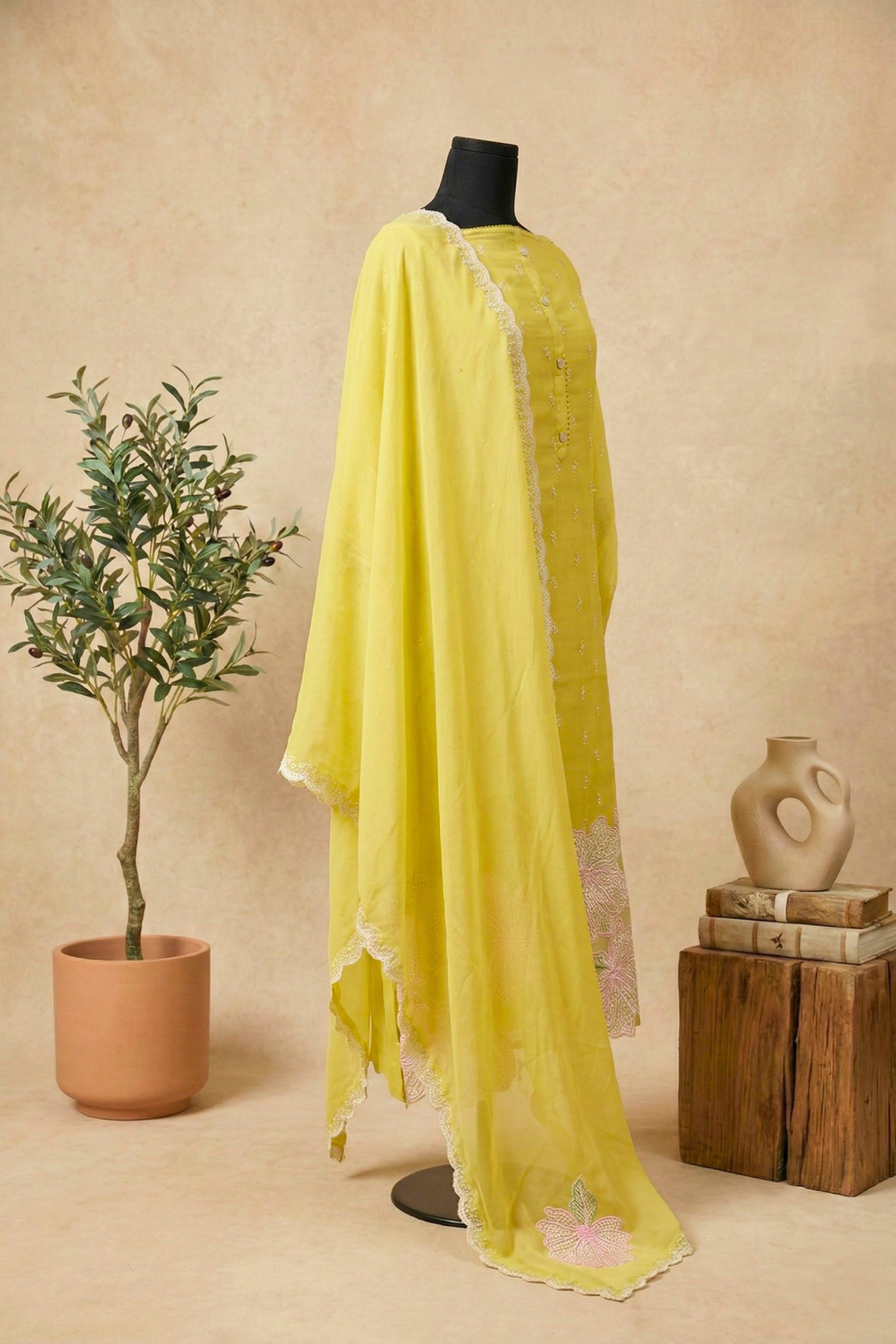 Luminous Lemon Yellow Floral Cutwork Organza Unstitched Suit Set