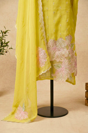 Luminous Lemon Yellow Floral Cutwork Organza Unstitched Suit Set