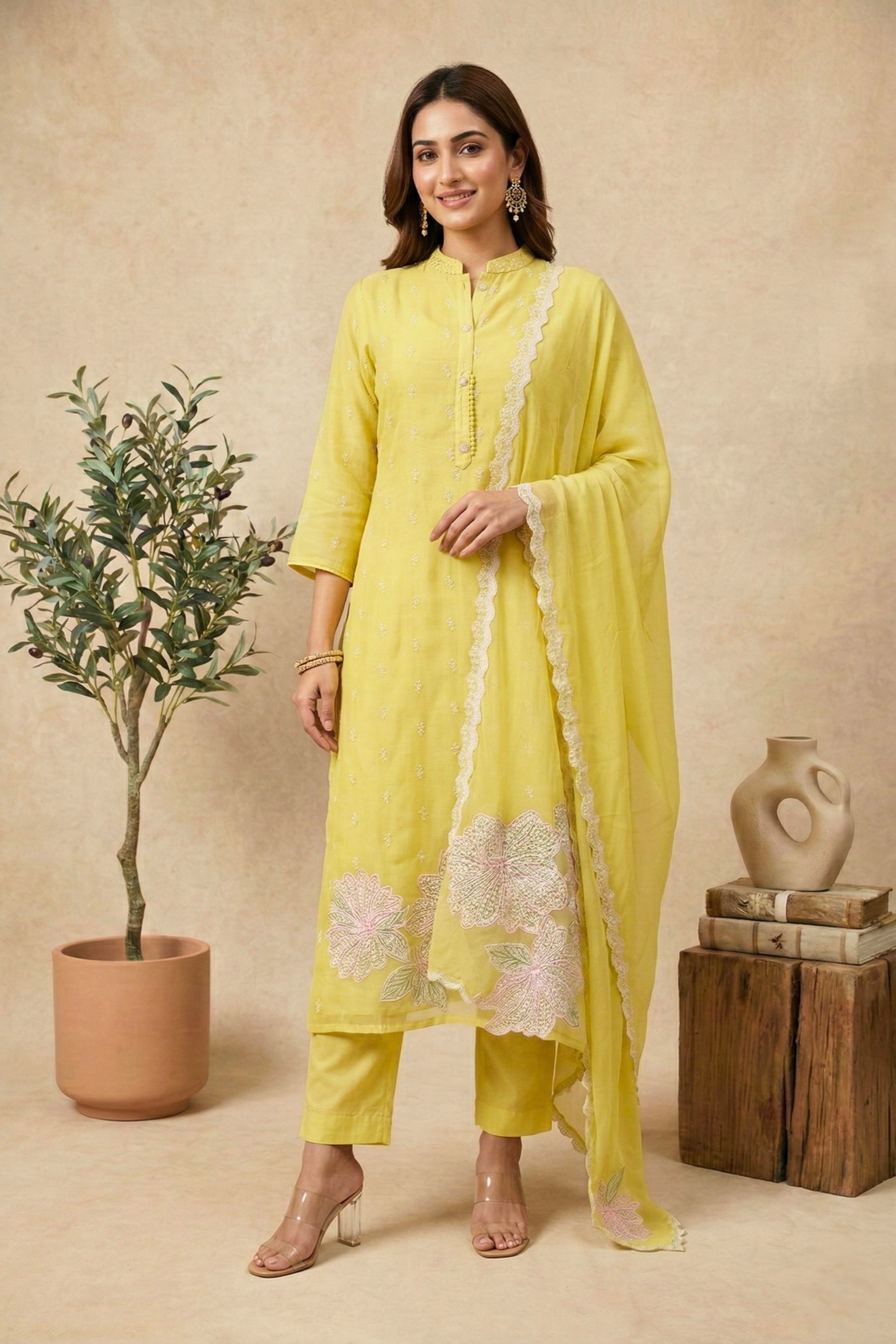 Luminous Lemon Yellow Floral Cutwork Organza Unstitched Suit Set