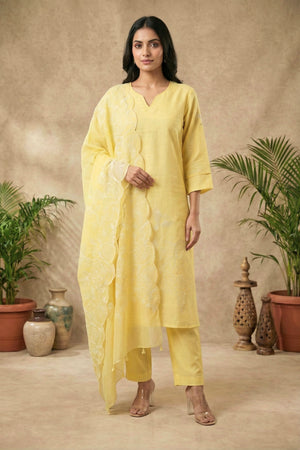 Sunshine Yellow Chanderi Unstitched Suit Set with Embroidered Dupatta