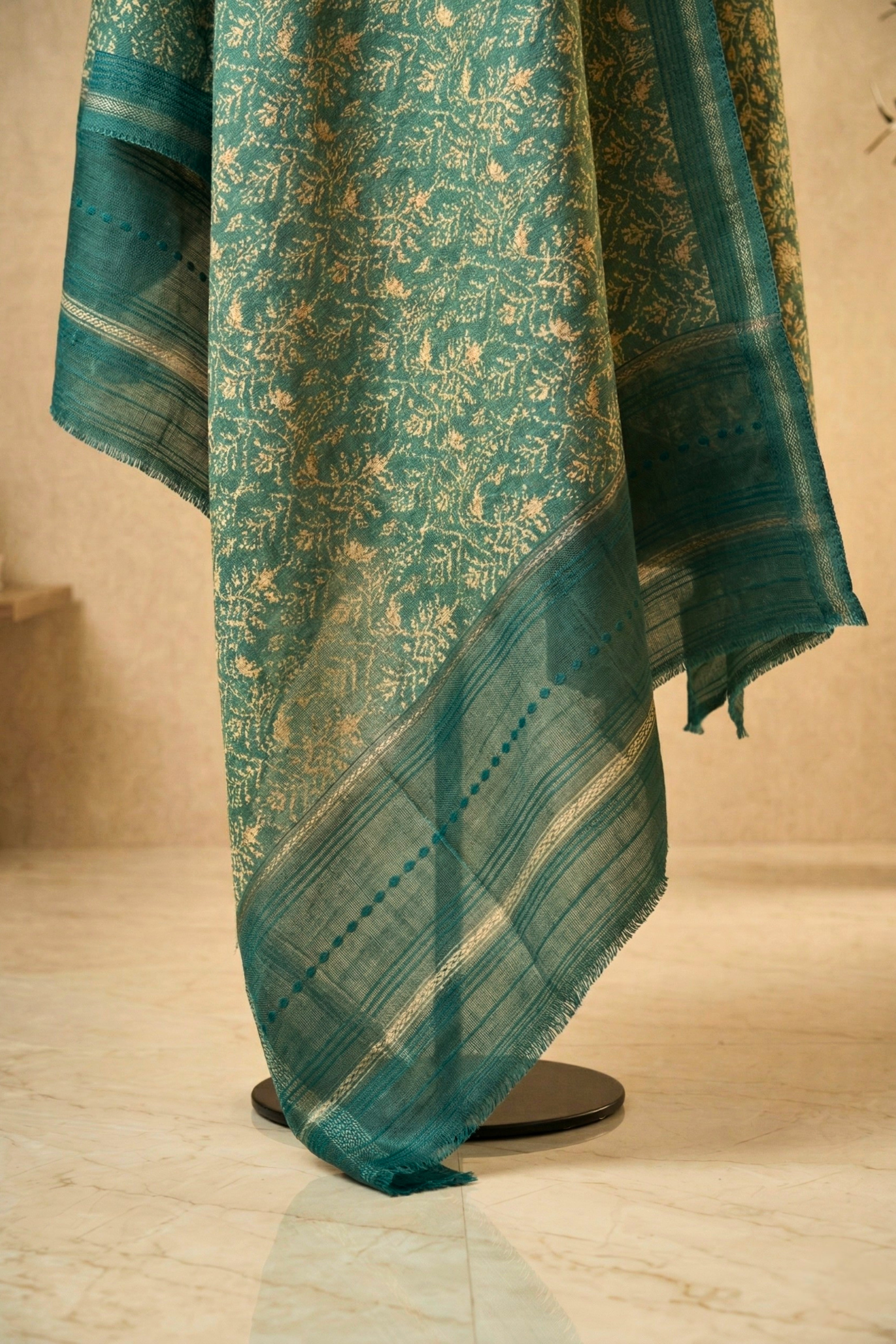 Teal Green Floral Printed Cotton Chanderi Unstitched Suit Set