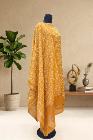 Mustard Yellow Floral Handloom Cotton Chanderi Unstitched Suit Set