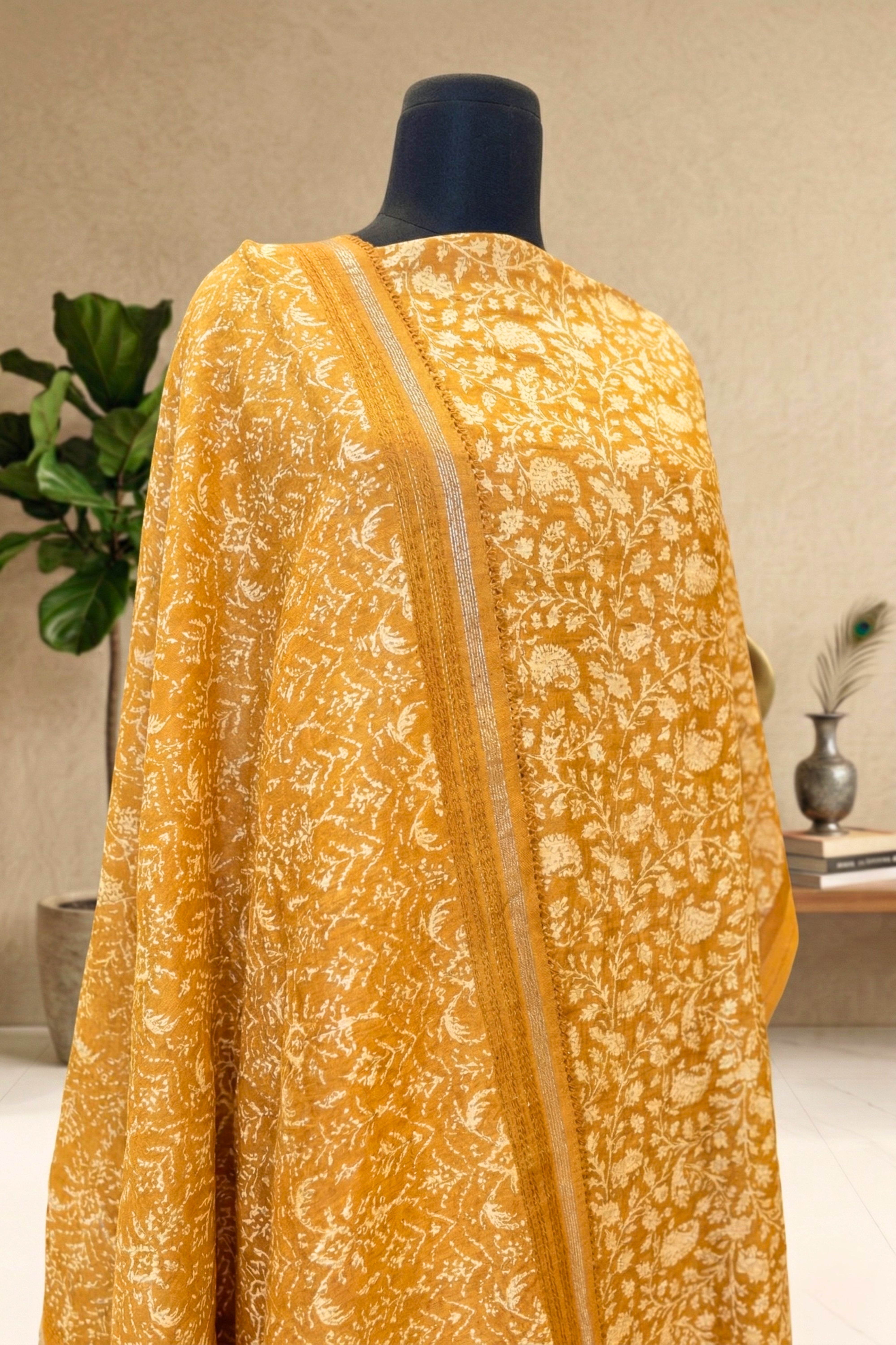 Mustard Yellow Floral Handloom Cotton Chanderi Unstitched Suit Set