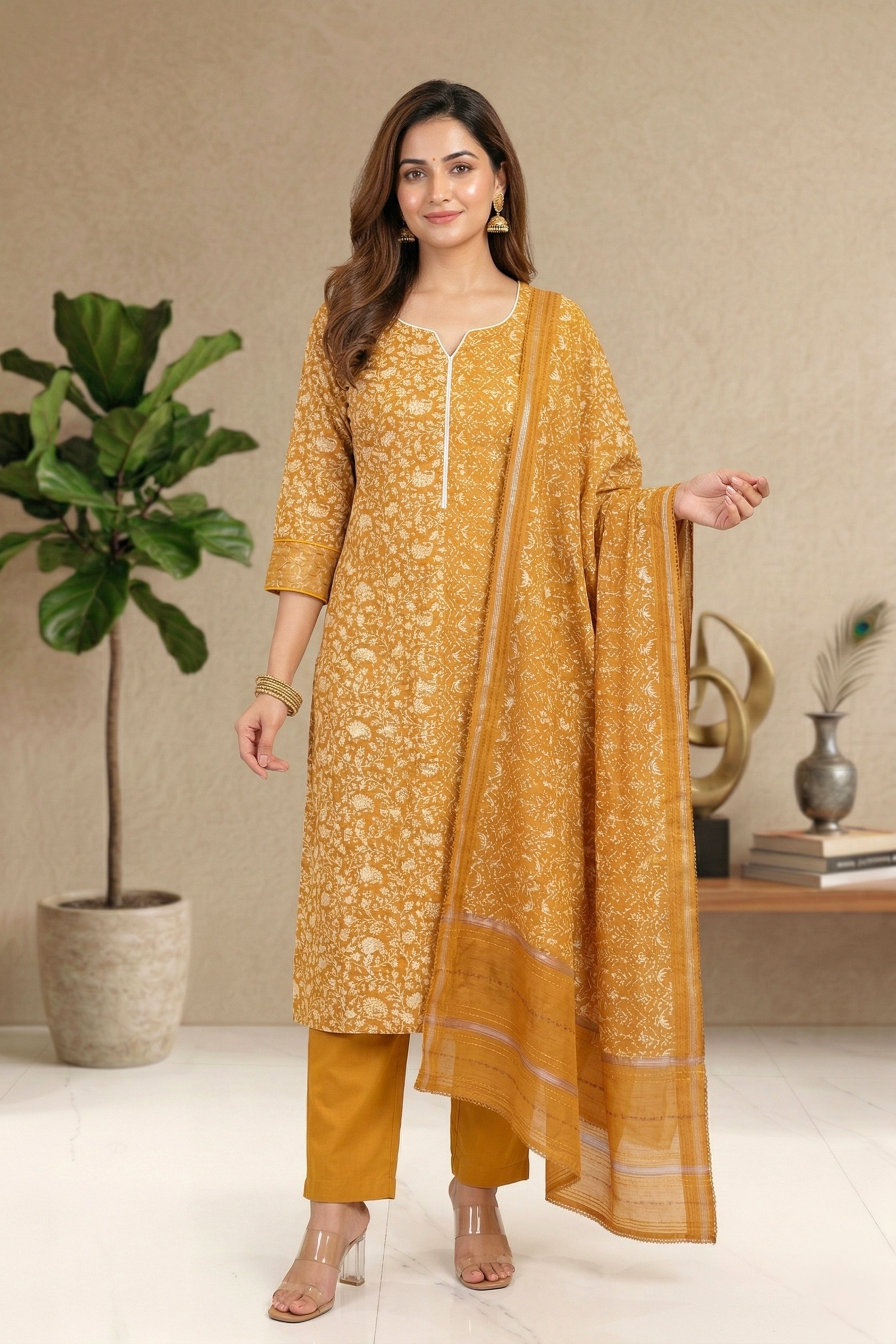 Mustard Yellow Floral Handloom Cotton Chanderi Unstitched Suit Set