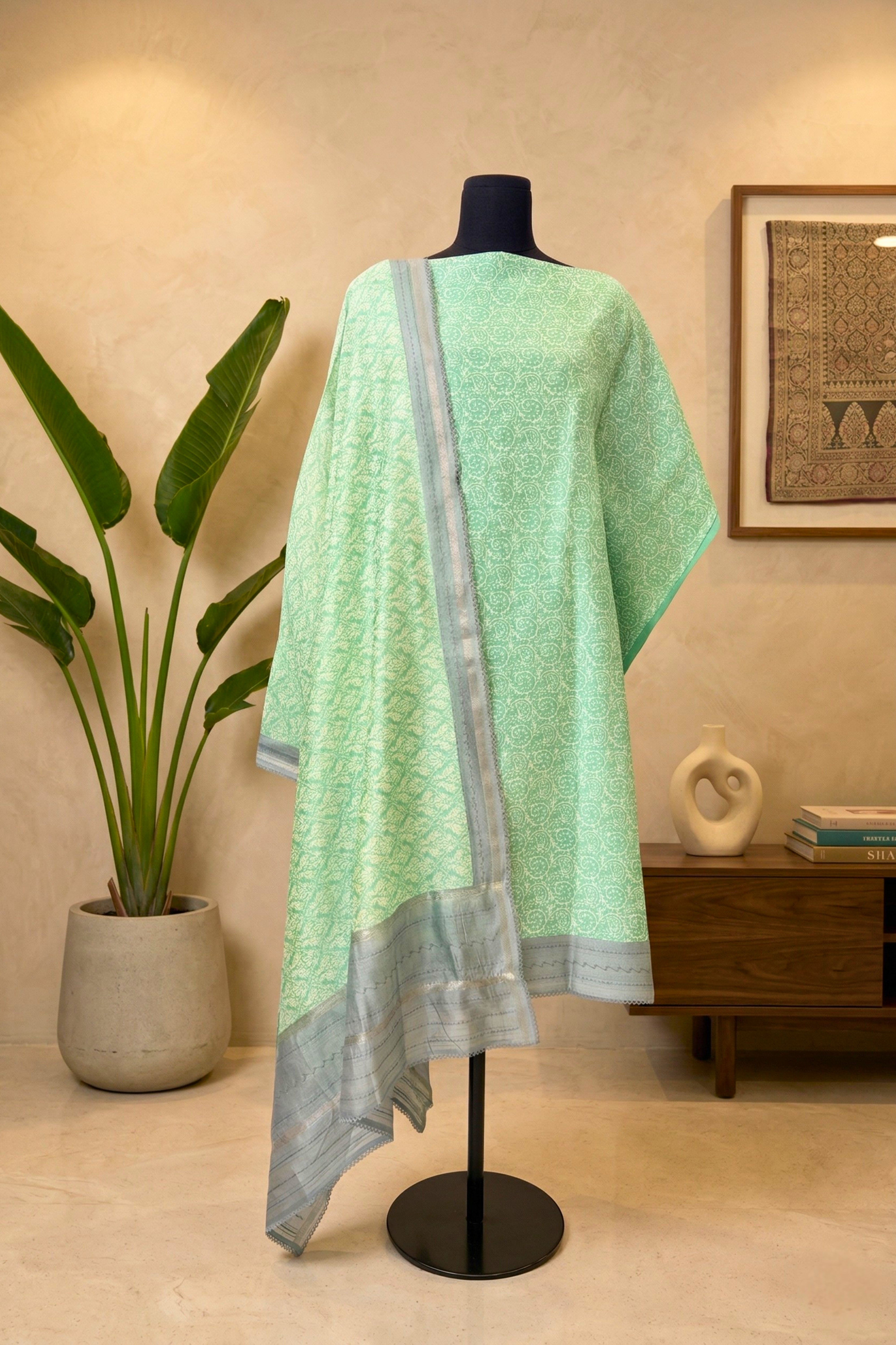 Pastel Mint Green & Slate Handloom Cotton Chanderi Unstitched Suit Set