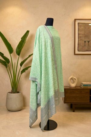 Pastel Mint Green & Slate Handloom Cotton Chanderi Unstitched Suit Set