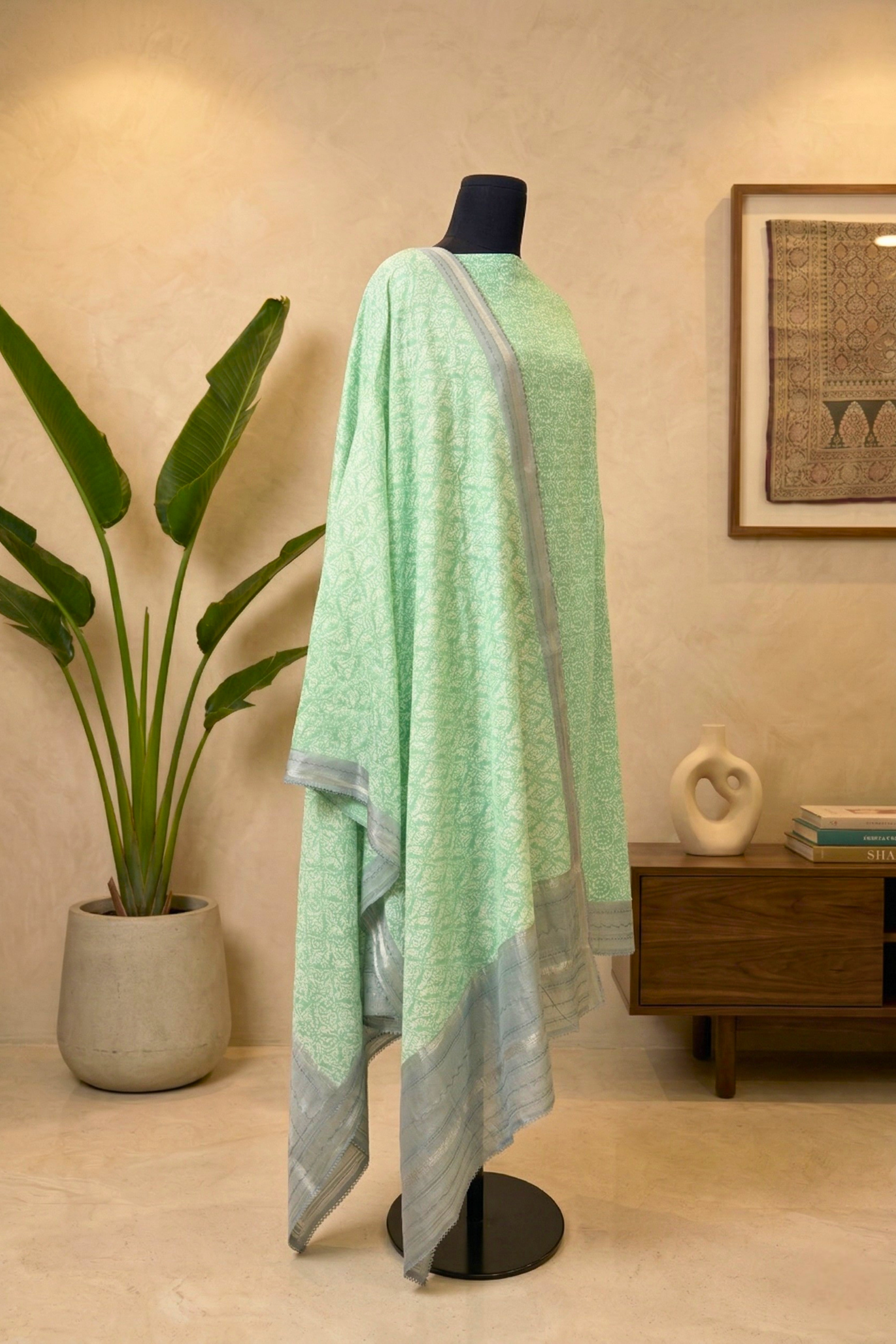 Pastel Mint Green & Slate Handloom Cotton Chanderi Unstitched Suit Set