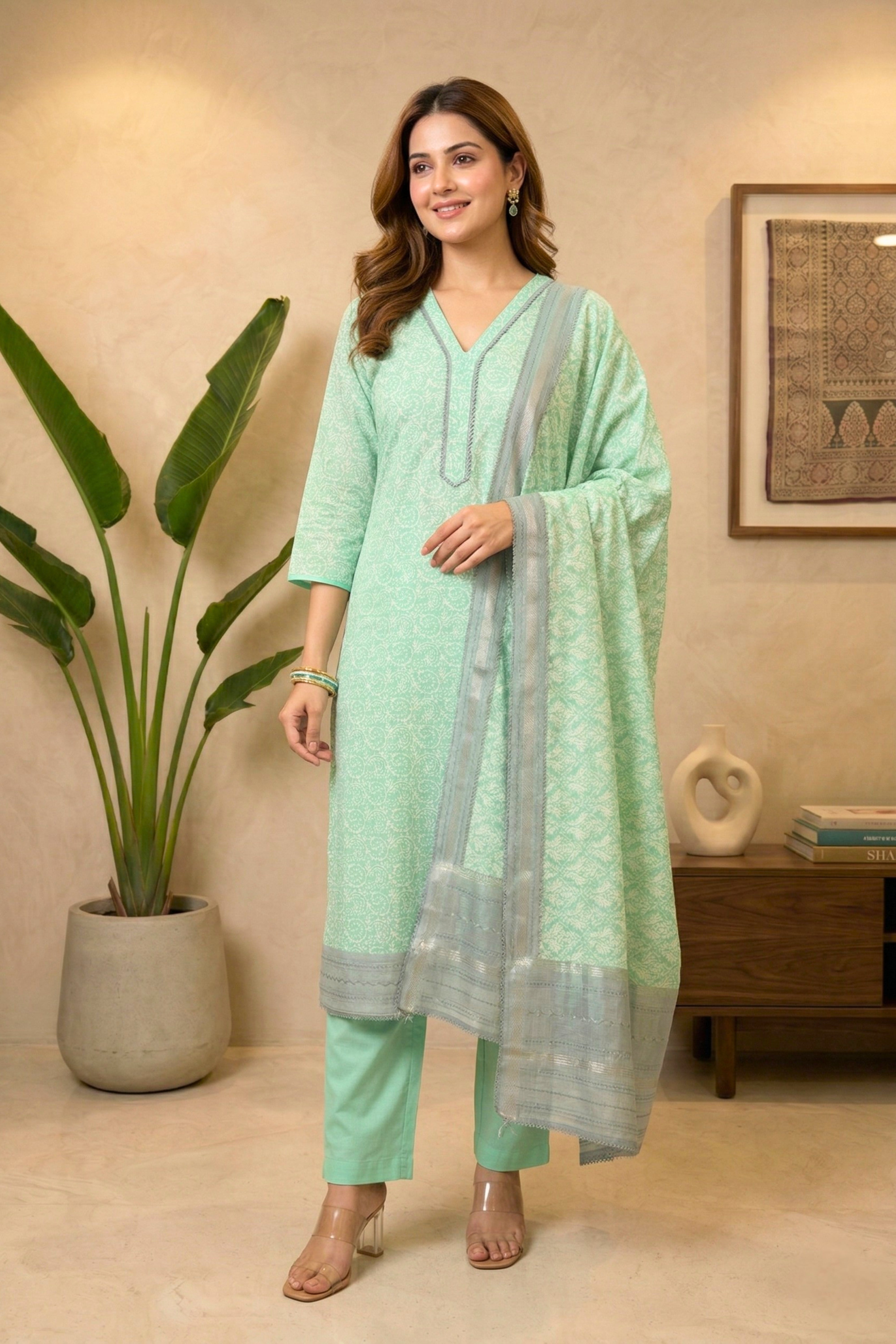 Pastel Mint Green & Slate Handloom Cotton Chanderi Unstitched Suit Set