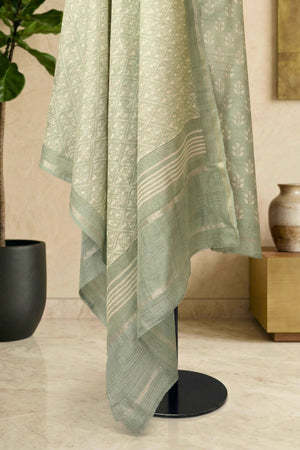 Sage Green Botanical Handloom Cotton Chanderi Unstitched Suit Set
