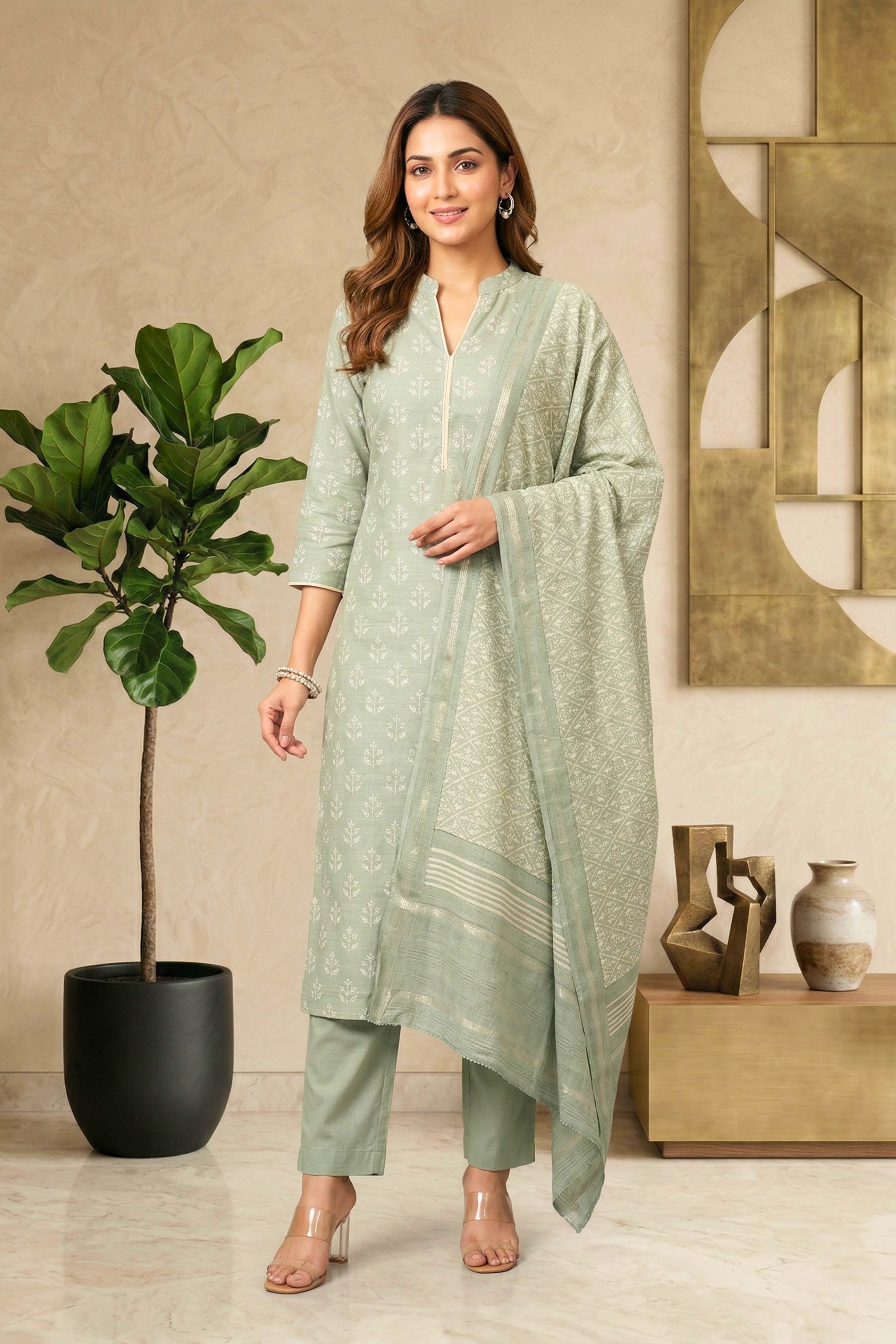 Sage Green Botanical Handloom Cotton Chanderi Unstitched Suit Set