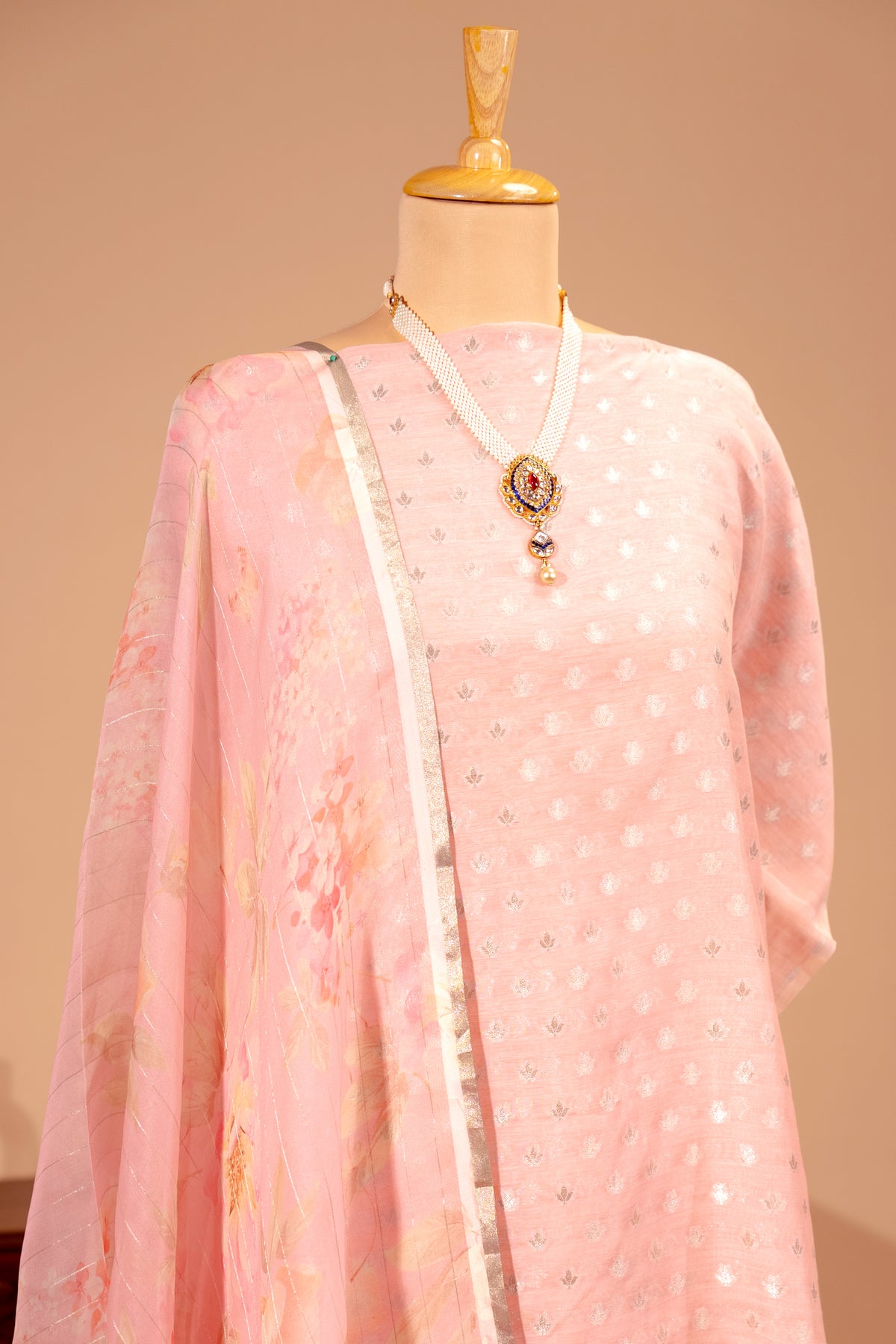 Blush Pink Pure Chanderi Unstitched Suit Set with Printed Organza Dupatta by Label Tamanna